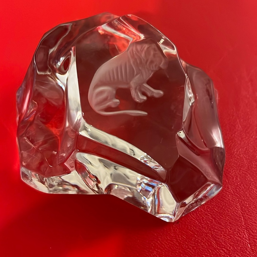 Val St. Lambert Crystal Glass Paperweight - Lion Etching